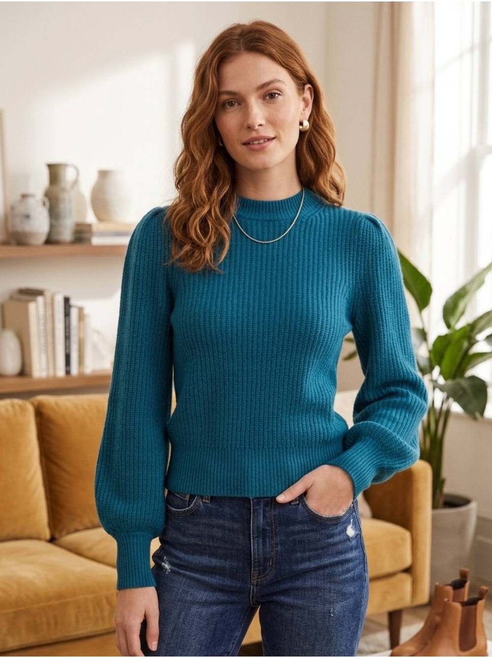 J. Crew 100% Cashmere Teal Ribbed Crewneck Sweater with Puff Sleeves XS